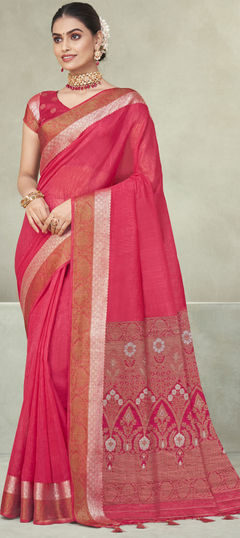 Pink and Majenta color Saree in Silk, Tussar Silk fabric with Printed work