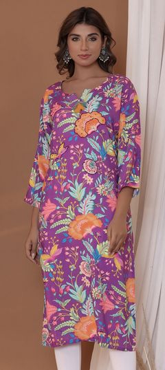 Purple and Violet color Kurti in Rayon fabric with Floral, Printed, Thread work