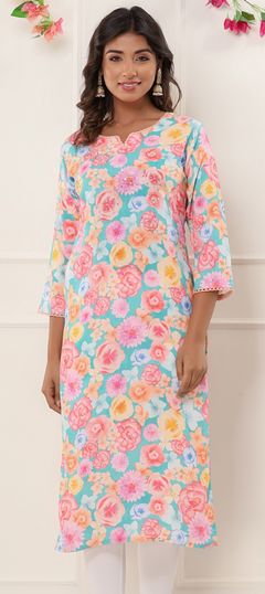 Green color Kurti in Rayon fabric with Floral, Printed, Thread work
