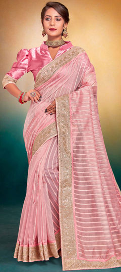 Party Wear, Traditional Pink and Majenta color Saree in Silk, Tissue fabric with South Sequence, Zari work : 1910604