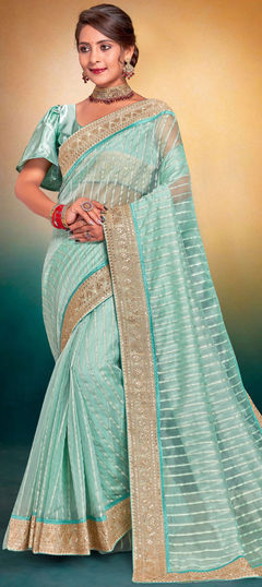 Party Wear, Traditional Blue color Saree in Silk, Tissue fabric with South Sequence, Zari work : 1910606