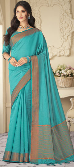 Party Wear, Traditional Blue color Saree in Raw Silk, Silk fabric with South Weaving, Zari work : 1910609