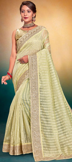 Party Wear, Traditional Green color Saree in Silk, Tissue fabric with South Sequence, Zari work : 1910610