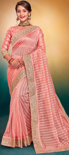 Pink and Majenta color Saree in Silk, Tissue fabric with Sequence, Zari work