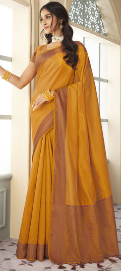 Party Wear, Traditional Orange color Saree in Raw Silk, Silk fabric with South Weaving, Zari work : 1910621