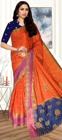 Bridal, Traditional, Wedding Orange color Saree in Jacquard fabric with South Stone, Weaving, Zari work : 1910749