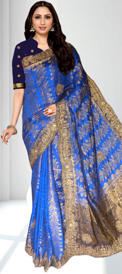 Bridal, Traditional, Wedding Blue color Saree in Kanjeevaram Silk fabric with South Bugle Beads, Stone, Weaving work : 1910751