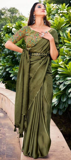 Festive, Traditional Green color Saree in Satin Silk, Silk fabric with South Thread work : 1910783