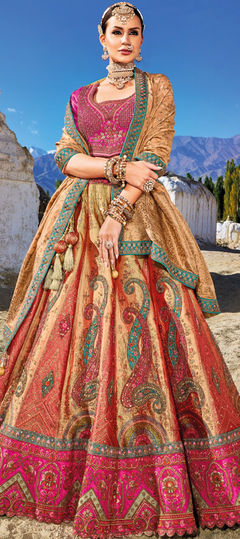 Bridal, Wedding Gold color Lehenga in Banarasi Silk fabric with Flared Lace, Sequence, Stone, Weaving work : 1910799