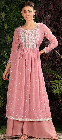 Pink and Majenta color Salwar Kameez in Georgette fabric with Embroidered, Sequence, Thread work