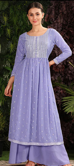 Purple and Violet color Salwar Kameez in Georgette fabric with Embroidered, Sequence, Thread work