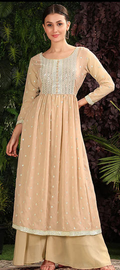 Beige and Brown color Salwar Kameez in Georgette fabric with Embroidered, Sequence, Thread work
