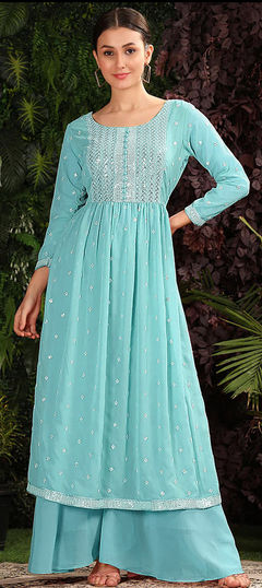 Blue color Salwar Kameez in Georgette fabric with Embroidered, Sequence, Thread work