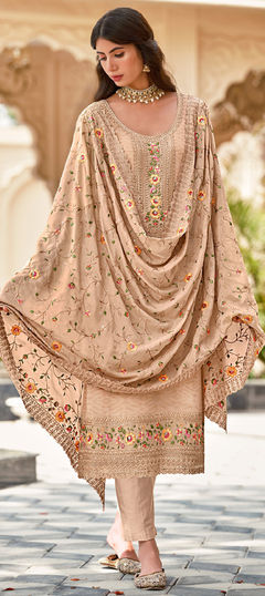 Festive, Party Wear Beige and Brown color Salwar Kameez in Georgette fabric with Straight Embroidered work : 1910845