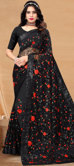 Black and Grey color Saree in Net fabric with Embroidered, Sequence, Thread work