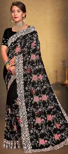 Black and Grey color Saree in Georgette fabric with Embroidered, Resham, Thread work