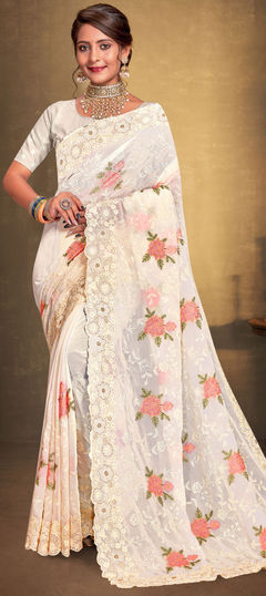 White and Off White color Saree in Georgette fabric with Embroidered, Resham, Thread work