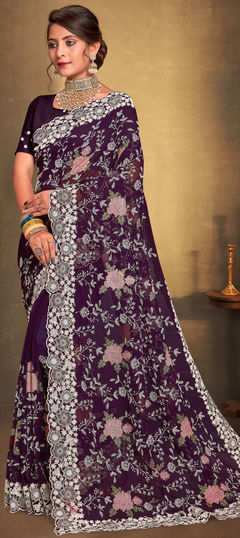 Purple and Violet color Saree in Georgette fabric with Embroidered, Resham, Thread work