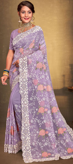 Purple and Violet color Saree in Georgette fabric with Embroidered, Resham, Thread work