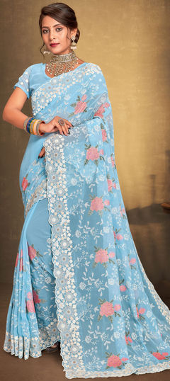 Blue color Saree in Georgette fabric with Embroidered, Resham, Thread work