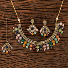 Gold Rodium Polish Multicolor color Necklace in Brass studded with CZ Diamond, Pearl