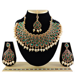 Gold Rodium Polish Green color Necklace in Metal Alloy studded with CZ Diamond, Pearl