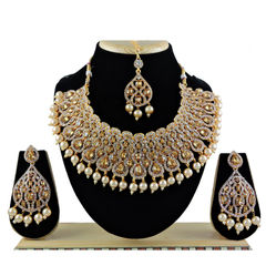 Gold Rodium Polish Gold, White and Off White color Necklace in Metal Alloy studded with CZ Diamond, Pearl