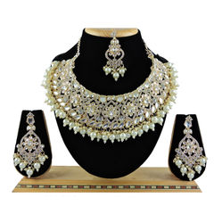 Gold Rodium Polish White and Off White color Necklace in Metal Alloy studded with CZ Diamond, Pearl