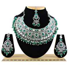 Silver Rodium Polish Green color Necklace in Metal Alloy studded with CZ Diamond, Pearl