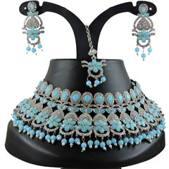 Silver Rodium Polish Blue color Necklace in Metal Alloy studded with CZ Diamond, Pearl