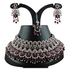Silver Rodium Polish Red and Maroon color Necklace in Metal Alloy studded with CZ Diamond, Pearl