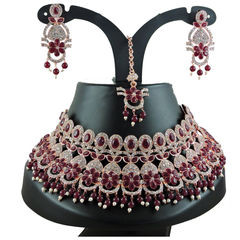Gold Rodium Polish Red and Maroon color Necklace in Metal Alloy studded with CZ Diamond, Pearl