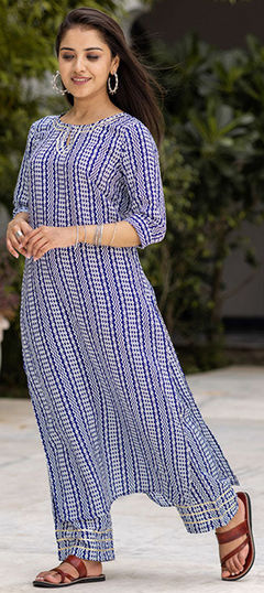 Casual, Summer Blue color Salwar Kameez in Muslin fabric with Palazzo, Straight Printed work : 1911328