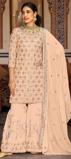 Pink and Majenta color Salwar Kameez in Georgette fabric with Resham, Sequence, Thread work