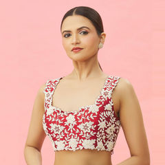 Red and Maroon color Blouse in Art Silk fabric with Embroidered, Thread work