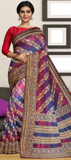 Purple and Violet color Saree in Kanjeevaram Silk fabric with Embroidered, Sequence, Stone work