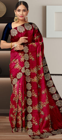 Red and Maroon color Saree in Satin Silk fabric with Embroidered, Sequence, Stone work