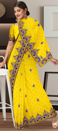 Yellow color Saree in Georgette fabric with Embroidered, Sequence, Stone work