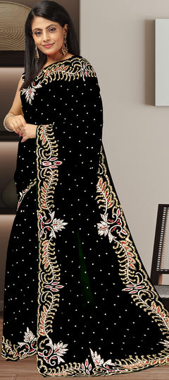 Black and Grey color Saree in Georgette fabric with Embroidered, Sequence, Stone work