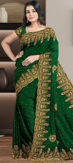 Green color Saree in Georgette fabric with Embroidered, Sequence, Stone work