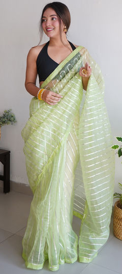 Green color Saree in Organza Silk, Silk fabric with Gota Patti, Lace work