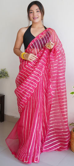 Pink and Majenta color Saree in Organza Silk, Silk fabric with Gota Patti, Lace work