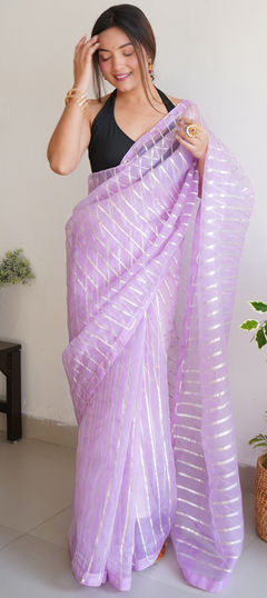 Purple and Violet color Saree in Organza Silk, Silk fabric with Gota Patti, Lace work