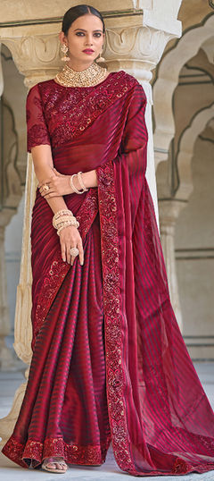 Red and Maroon color Saree in Art Silk, Silk fabric with Embroidered, Moti, Thread, Weaving work