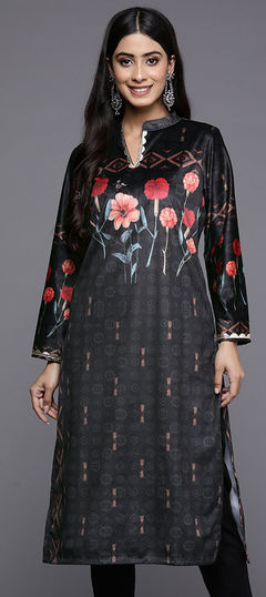 Casual Black and Grey color Kurti in Velvet fabric with Long Sleeve, Straight Floral, Printed work : 1911646