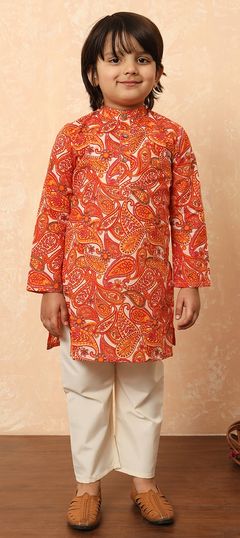 Orange color Boys Kurta Pyjama in Cotton fabric with Printed work