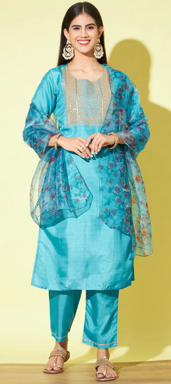 Blue color Salwar Kameez in Blended fabric with Sequence, Thread, Zari work