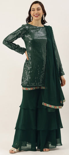 Festive, Reception Green color Salwar Kameez in Georgette fabric with Sharara, Straight Sequence work : 1911726