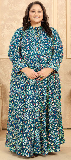Blue color Gown in Rayon fabric with Printed work