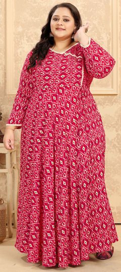 Pink and Majenta color Gown in Rayon fabric with Printed work